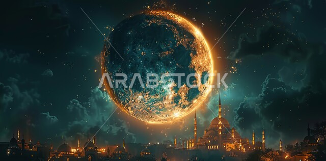 مفهوم العبادة والطاعة والتقرب الى الله، آداء الفرائض والصلوات، الاجواء الرمضانية الروحانية، منظر القمر المنير، ديكورات وتصاميم متميزة على الطراز الاسلامي للقبب والمآذن المضيئة ليلا، مسجد عربي فاخر، السرور والبهجة بقدوم شهر الخير