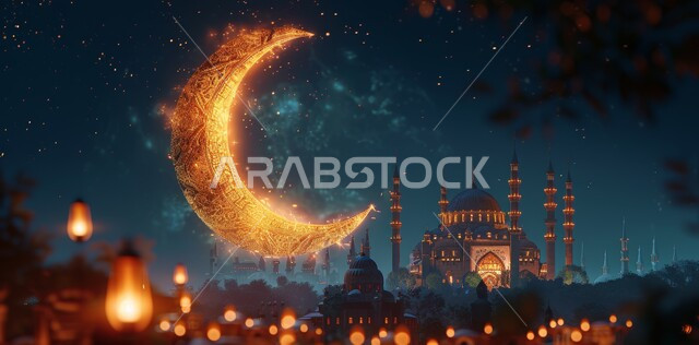 السرور والبهجة بقدوم شهر الخير، مفهوم العبادة والطاعة والتقرب الى الله، آداء الفرائض والصلوات، الاجواء الرمضانية الروحانية، زينة وديكورات للاعياد والمناسبات الدينية، منظر الهلال المنير والفوانيس المضيئة المعلقة