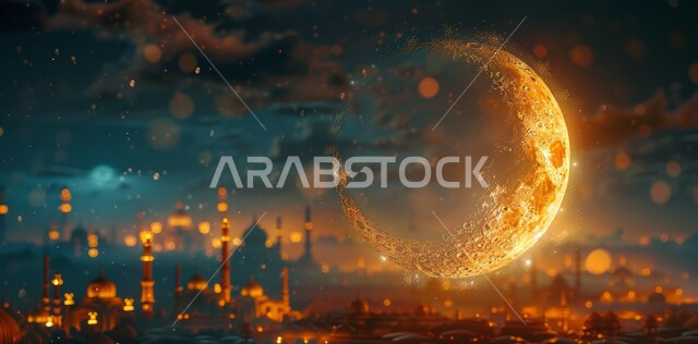 The concept of worship, obedience and drawing closer to God, performing the obligatory duties and prayers, the spiritual atmosphere of Ramadan, the view of the bright moon, distinctive decorations and designs in the Islamic style of the domes and minarets illuminated at night, a luxurious Arabic mosque, the joy and happiness of the arrival of the month of goodness