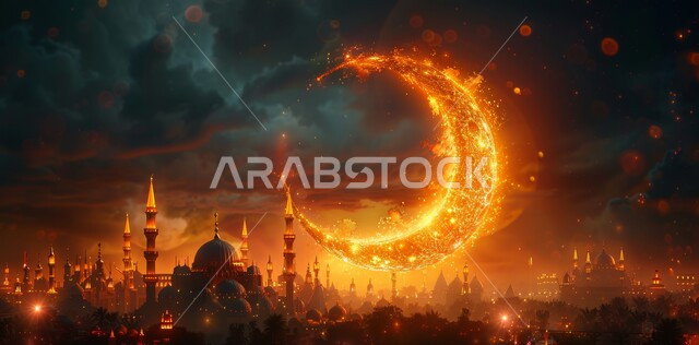 زينة وديكورات وتصاميم متميزة على الطراز الاسلامي للقبب والمآذن المضيئة ليلا، مسجد عربي فاخر، آداء الفرائض والصلوات، منظر الهلال في السماء المليئة بالنجوم، الاجواء الرمضانية الروحانية، السرور والبهجة بقدوم شهر الخير، مفهوم العبادة والطاعة والتقرب الى الله