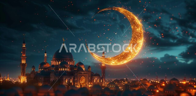 آداء الفرائض والصلوات، منظر الهلال في السماء المليئة بالنجوم، الاجواء الرمضانية الروحانية، السرور والبهجة بقدوم شهر الخير، مفهوم العبادة والطاعة والتقرب الى الله، زينة وديكورات وتصاميم متميزة على الطراز الاسلامي للقبب والمآذن المضيئة ليلا، مسجد عربي فاخر