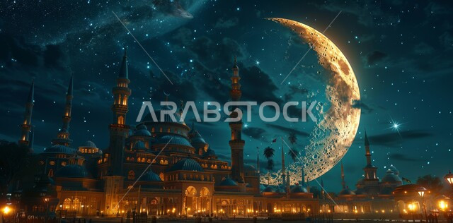 آداء الفرائض والصلوات، منظر الهلال في السماء المليئة بالنجوم، الاجواء الرمضانية الروحانية، السرور والبهجة بقدوم شهر الخير، مفهوم العبادة والطاعة والتقرب الى الله، زينة وديكورات وتصاميم متميزة على الطراز الاسلامي للقبب والمآذن المضيئة ليلا، مسجد عربي فاخر