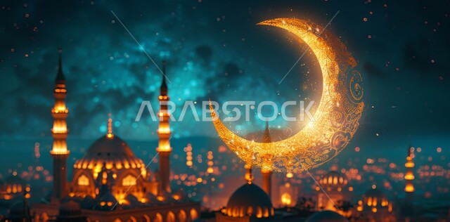 زينة وديكورات وتصاميم متميزة على الطراز الاسلامي للقبب والمآذن المضيئة ليلا، مسجد عربي فاخر، آداء الفرائض والصلوات، منظر الهلال في السماء المليئة بالنجوم، الاجواء الرمضانية الروحانية، السرور والبهجة بقدوم شهر الخير، مفهوم العبادة والطاعة والتقرب الى الله