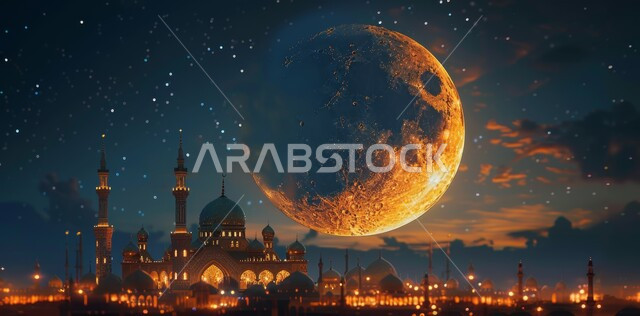 مفهوم العبادة والطاعة والتقرب الى الله، آداء الفرائض والصلوات، الاجواء الرمضانية الروحانية، منظر القمر المنير، ديكورات وتصاميم متميزة على الطراز الاسلامي للقبب والمآذن المضيئة ليلا، مسجد عربي فاخر، السرور والبهجة بقدوم شهر الخير