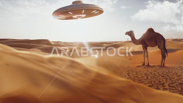 جمل يقف في الصحراء وفوقه طبق طائر قادم من الفضاء في وسط البرية، في البادية، أماكن التخييم في صحراء المملكة العربية السعودية، الأجواء الهادئة للطبيعة الصحراوية في وقت الصباح مع أشاعة الشمس، منظر السماء الصافي مع بعض من السحاب، التلال والكثبان الرملية الناعمة
