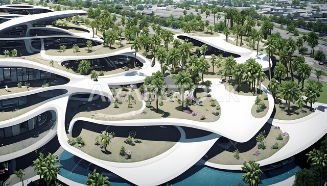 الفنون و التصاميم الهندسية المعمارية الحديثة للمباني والفنادق الحديثة, مفهوم تطوير وتحسين البنية التحتية في صحراء المملكة العربية السعودية، منظر تخيلي مستقبلي للتقدم و النمو العمراني، مفهوم المدن المستقبلية في المناطق الصحراوية, رؤية للمستقبل السعودي 2030