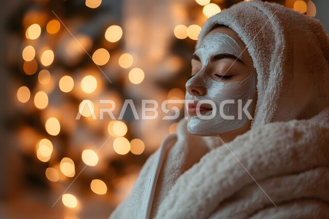 مفهوم روتين العناية بالبشرة, صورة مقربة لشابة عربية خليجية سعودية تضع قناع و تسترخي في إحدى الصالونات النسائية، الاهتمام بنضارة وتحسين الوجه، استخدام المواد تجميلية في جلسات العناية