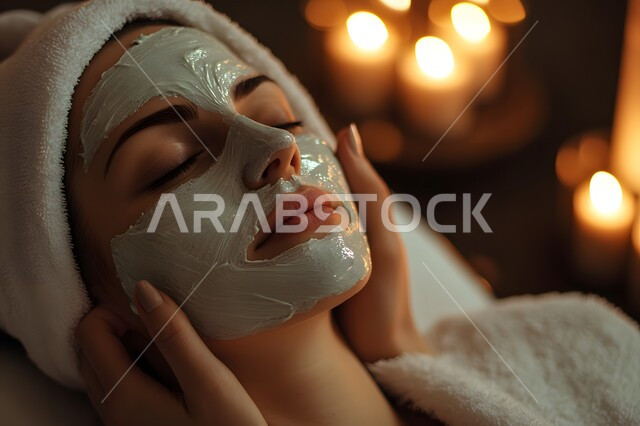 مفهوم روتين العناية بالبشرة, صورة مقربة لشابة عربية خليجية سعودية تضع قناع و تسترخي في إحدى الصالونات النسائية، الاهتمام بنضارة وتحسين الوجه، استخدام المواد تجميلية في جلسات العناية