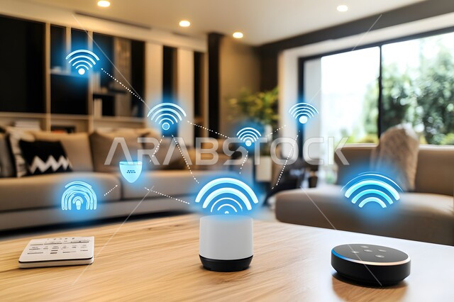 مفهوم التطور ومواكبة الالكترونيات, تصاميم عصرية للمنازل الذكية, التحول الرقمي في الفنون المعمارية, استخدام الأجهزة المتطورة في البيوت المعاصرة, منزل بأثاث ابيض انيق وتقنيات متقدمة, أيقونات هولوجرامية ثلاثية الأبعاد