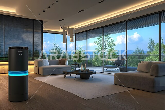 استخدام الأجهزة المتطورة في البيوت المعاصرة، منزل بأثاث ابيض انيق وتقنيات متقدمة، مفهوم التطور ومواكبة الالكترونيات, تصاميم عصرية للمنازل الذكية, التحول الرقمي في الفنون المعمارية