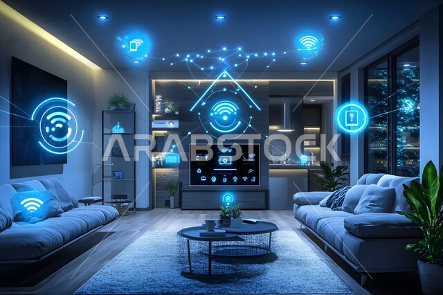 منزل بأثاث ابيض انيق وتقنيات متقدمة، مفهوم التطور ومواكبة الالكترونيات, تصاميم عصرية للمنازل الذكية, التحول الرقمي في الفنون المعمارية, استخدام الأجهزة المتطورة في البيوت المعاصرة, أيقونات هولوجرامية ثلاثية الأبعاد