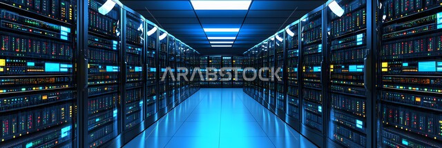 Data storage network, data center, digital development and future technology, the concept of transformation and technical progress in the Kingdom of Saudi Arabia, server control room and Internet servers