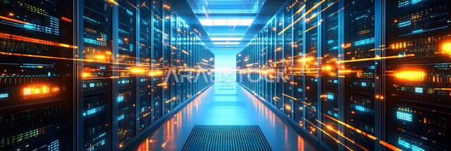 Server control room and Internet servers, data storage network, data center, digital development and future technology, the concept of transformation and technical progress in the Kingdom of Saudi Arabia