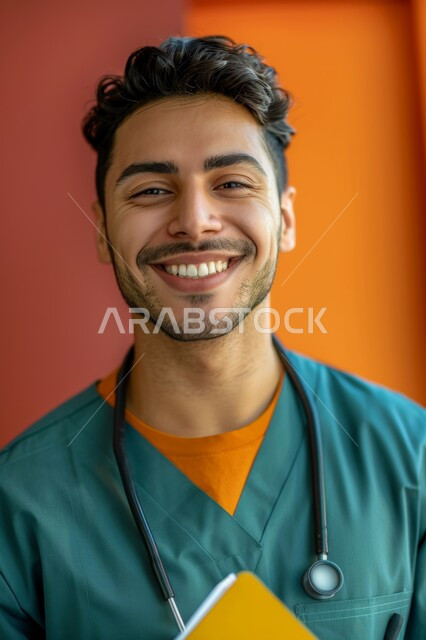  تقديم الخدمات الطبيه للمرضى بكل كفاءة، بورتريه لطبيب عربي خليجي سعودي مبتسم يرتدي اليونيفورم الخاص بالعمل يحمل بيده مجموعة من الاوراق، مفهوم الطب والرعاية الصحية، النظر الى الكاميرا بتعابير السرور والفرح، خلفية ملونة
