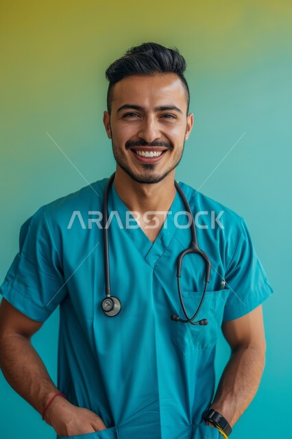  تقديم الخدمات الطبيه للمرضى بكل كفاءة، بورتريه لطبيب عربي خليجي سعودي مبتسم يرتدي اليونيفورم الخاص بالعمل، مفهوم الطب والرعاية الصحية، النظر الى الكاميرا بتعابير السرور والفرح، خلفية ملونة