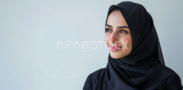مفهوم النعومة والأنوثة، الاهتمام بالمظهر الخارجي والأناقة، بورتريه مقرب لامرأه عربية خليجية سعودية ترتدي الحجاب تنظر إلى مكان ما بايماءات السعادة والبشاشة، الأزياء العصرية التقليدية، حجابات إسلامية راقية، خلفية رمادية