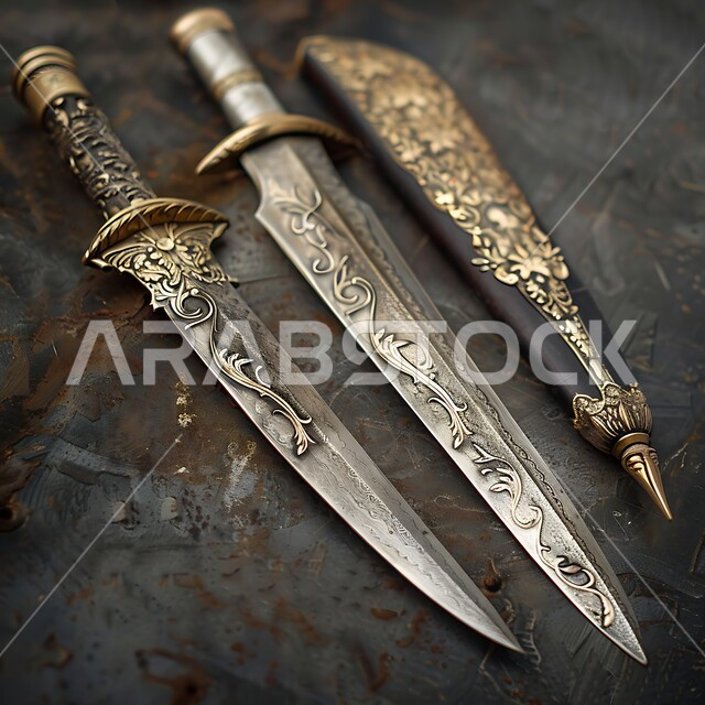 The authenticity of customs and traditions in the Kingdom of Saudi Arabia, antique pieces of the popular style, ancient popular antiques and antiques, a close-up image of a silver sword decorated with traditional decorations, a black background