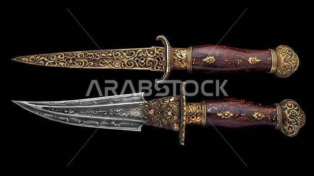 أصالة العادات والتقاليد في المملكة العربية السعودية، قطع أنتيكة من الطراز الشعبي، التحف والانتيكات التراثية القديمة الشعبية، صورة مقربة لسيوف فضية مزخرفة بزخارف تقليدية، خلفية سوداء