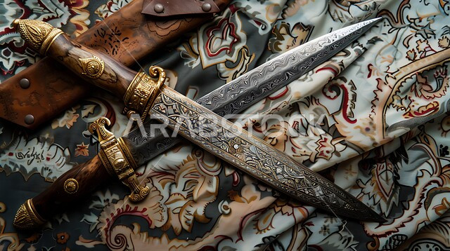 قطع أنتيكة من الطراز الشعبي، التحف والانتيكات التراثية القديمة الشعبية، صورة مقربة لسيف فضي مزخرف بزخارف تقليدية، أصالة العادات والتقاليد في المملكة العربية السعودية