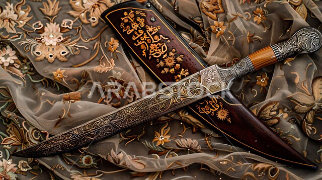 Antique pieces of popular style, ancient popular antiques and antiques, a close-up image of a silver sword decorated with traditional decorations, the authenticity of customs and traditions in the Kingdom of Saudi Arabia, gray background
