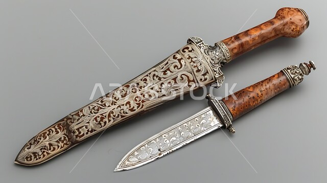 التحف والانتيكات التراثية القديمة الشعبية، قطع أنتيكة من الطراز الشعبي، صورة مقربة لسيف فضي مزخرف بزخارف تقليدية، أصالة العادات والتقاليد في المملكة العربية السعودية، خلفية رمادي