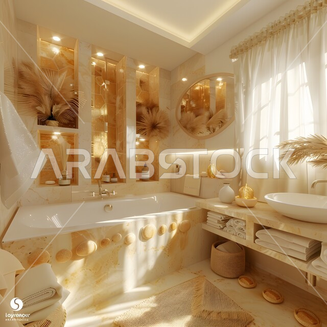 الفن الهندسي المعماري للفلل والمنازل الراقية، الحمام الداخلي الحديث بألوان هادئة وفاتحة، ديكورات وتصاميم فاخرة وأحواض الاستحمام في الشقق السياحية، دورة مياه رخاميه أنيقة في أحد المباني السكنيه