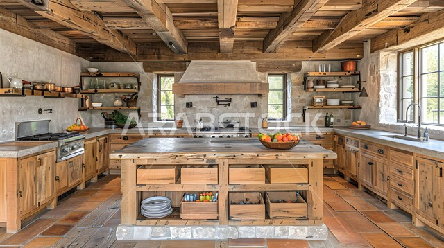 Interior designs and decorations for luxury Arabic kitchens in the Kingdom of Saudi Arabia, a high-end kitchen with elegant colors, modern architectural art, glass facades and windows, modern and advanced home appliances.