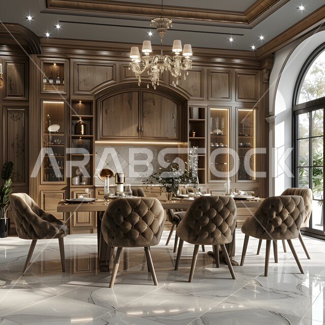 Interior designs and decorations for luxury Arabic kitchens in the Kingdom of Saudi Arabia, a high-end kitchen with elegant colors, modern architectural art, glass facades and windows, modern and advanced home appliances.