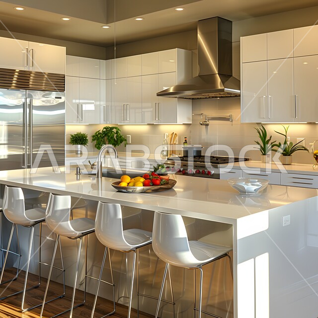 تصاميم وديكورات داخلية للمطابخ العربية الفاخرة في المملكة العربية السعودية, مطبخ راقي بألوان راقية, الفن الهندسي المعماري على الطراز الحديث, واجهات ونوافذ زجاجية, أدوات منزلية حديثة ومتطورة.