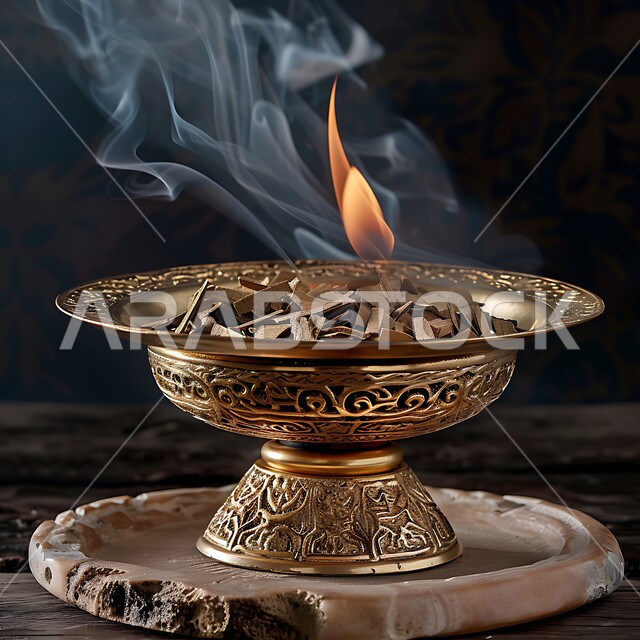 أصالة العادات والتقاليد في المملكة العربية السعودية، منتج وطني محلي سعودي، خشب العود الفاخر والفحم، منظر الدخان المنتشر من البخور، التعطر والتطيب باطيب الروائح والعطور، مبخرة معدنية في مكان تراثي