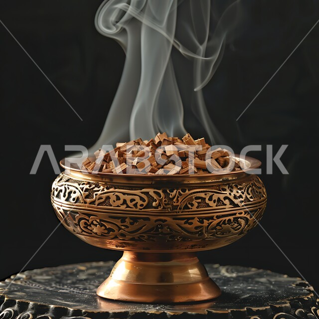 أصالة العادات والتقاليد في المملكة العربية السعودية، منتج وطني محلي سعودي، خشب العود الفاخر والفحم، منظر الدخان المنتشر من البخور، التعطر والتطيب باطيب الروائح والعطور، مبخرة معدنية في مكان تراثي
