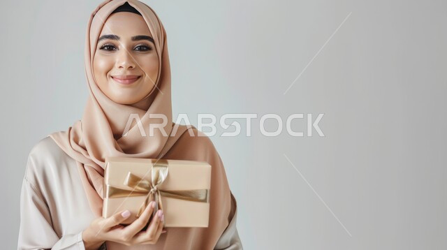 تقديم الهدايا في الأعياد والمناسبات، إيماءات الرضا والسعادة، بورتريه لشابة عربية خليجية سعودية محجبة تقوم بالإمساك بعلبة هدية مغلفة ومربوطة بشريط أنيق، النظر للكاميرا بتعابير البشاشة والسرور، مفهوم الاهداء وتعزيز مشاعر المحبة والمودة، خلفية رمادية