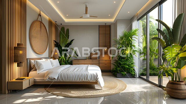 استخدام الطراز الفني الأنيق في الأثاث المنزلي، الديكورات العصرية لغرف النوم، تصاميم داخلية متميزة للفلل والشقق السكنية في المملكة العربية السعودية، سرير مريح بألوان هادئة، اكسسوارات منزلية داخلية راقية