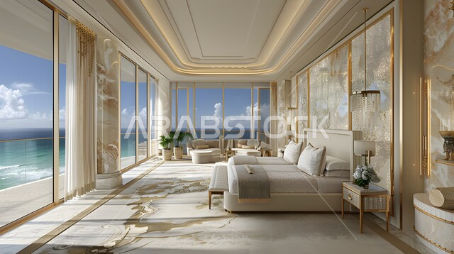 استخدام الطراز الفني الأنيق في الأثاث المنزلي، الديكورات العصرية لغرف النوم، تصاميم داخلية متميزة للفلل والشقق السكنية في المملكة العربية السعودية، سرير مريح بألوان هادئة، اكسسوارات منزلية داخلية راقية