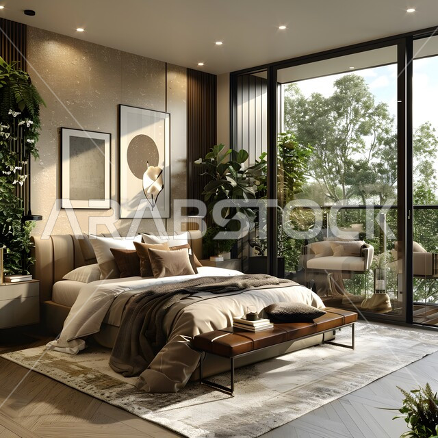 استخدام الطراز الفني الأنيق في الأثاث المنزلي، الديكورات العصرية لغرف النوم، تصاميم داخلية متميزة للفلل والشقق السكنية في المملكة العربية السعودية، سرير مريح بألوان هادئة، اكسسوارات منزلية داخلية راقية