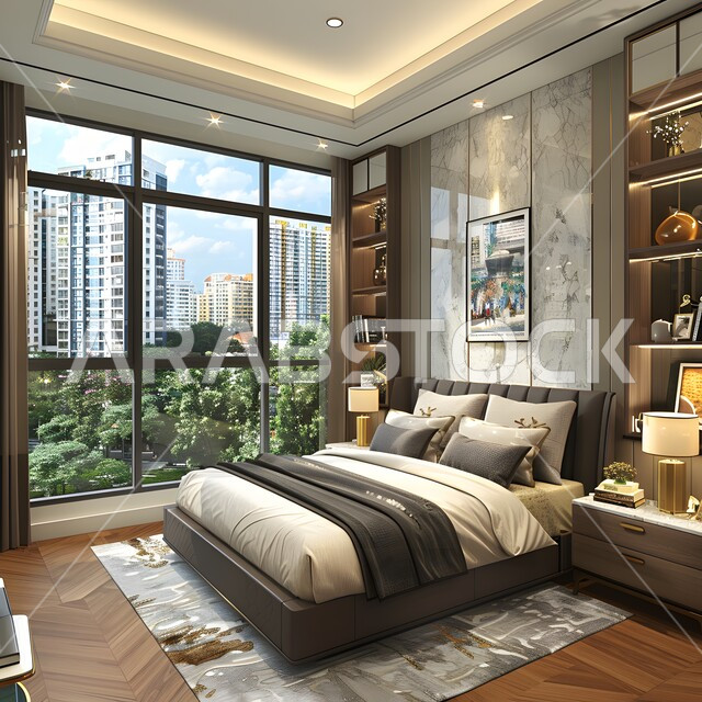 استخدام الطراز الفني الأنيق في الأثاث المنزلي، الديكورات العصرية لغرف النوم، تصاميم داخلية متميزة للفلل والشقق السكنية في المملكة العربية السعودية، سرير مريح بألوان هادئة، اكسسوارات منزلية داخلية راقية