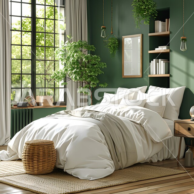 استخدام الطراز الفني الأنيق في الأثاث المنزلي، الديكورات العصرية لغرف النوم، تصاميم داخلية متميزة للفلل والشقق السكنية في المملكة العربية السعودية، سرير مريح بألوان هادئة، اكسسوارات منزلية داخلية راقية