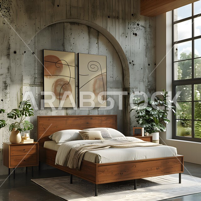 Using elegant artistic style in home furniture, modern bedroom decorations, distinctive interior designs for villas and residential apartments in the Kingdom of Saudi Arabia, comfortable bed in calm colors, high-end interior home accessories