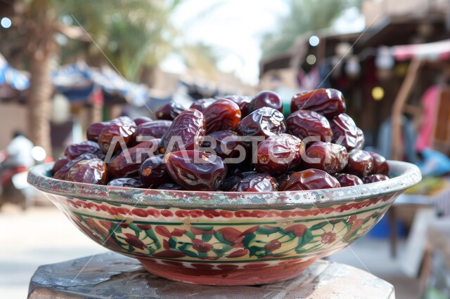 وجبة ذات قيمة غذائية عالية، ضيافة رمضانية شهية، رطب من نخيل المملكة العربية السعودية، محاصيل ومنتجات زراعية محلية وطنية سعودية، طبق زجاجي مزخرف مليء بالتمر السكري الصحي الطازج