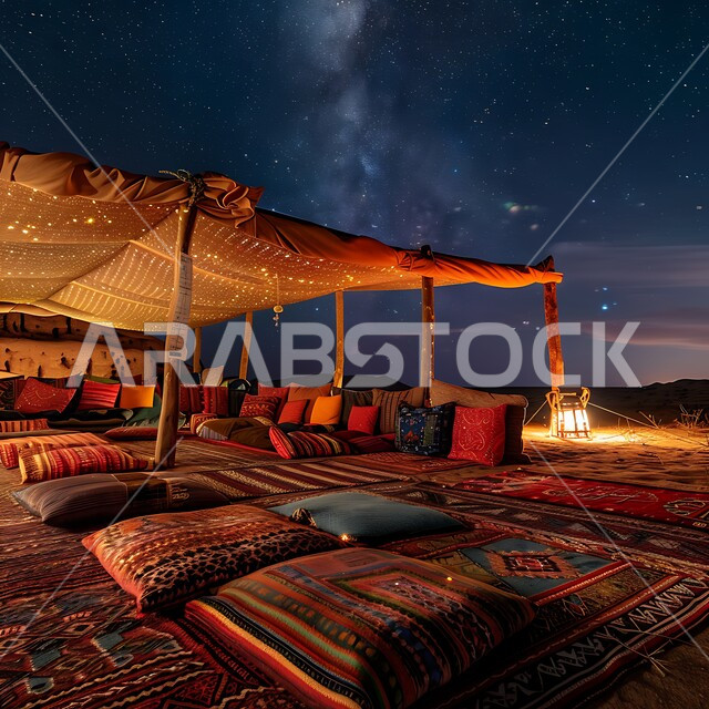 أماكن المغامرات والكشتات البرية, خيمة بدوية شعبية مضاءة بالفوانيس المعدنية , أجواء التخييم الشبابية الممتعه في المملكة العربية السعودية, مخيمات سياحية في المناطق البرية، منظر السماء المليئة بالنجوم اللامعة
