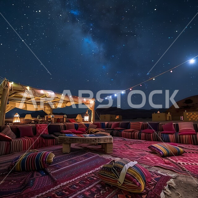 أماكن المغامرات والكشتات البرية, خيمة بدوية شعبية مضاءة بالفوانيس المعدنية , أجواء التخييم الشبابية الممتعه في المملكة العربية السعودية, مخيمات سياحية في المناطق البرية، منظر السماء المليئة بالنجوم اللامعة