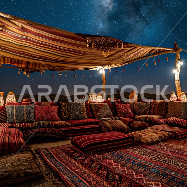 خيمة بدوية شعبية مضاءة بالفوانيس المعدنية ,أماكن المغامرات والكشتات البرية , أجواء التخييم الشبابية الممتعه في المملكة العربية السعودية, مخيمات سياحية في المناطق البرية، منظر السماء المليئة بالنجوم اللامعة