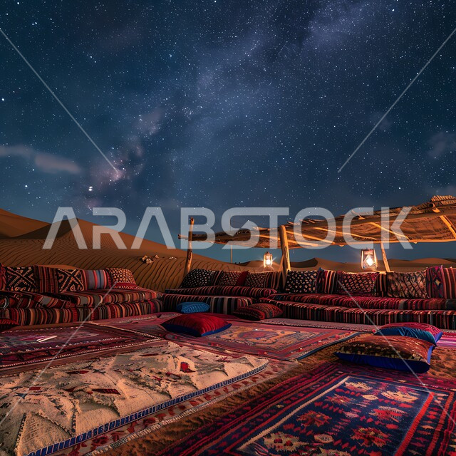 خيمة بدوية شعبية مضاءة بالفوانيس المعدنية ,أماكن المغامرات والكشتات البرية , أجواء التخييم الشبابية الممتعه في المملكة العربية السعودية, مخيمات سياحية في المناطق البرية، منظر السماء المليئة بالنجوم اللامعة
