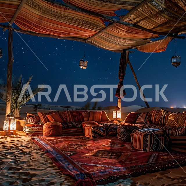 خيمة بدوية شعبية مضاءة بالفوانيس المعدنية ,أماكن المغامرات والكشتات البرية , أجواء التخييم الشبابية الممتعه في المملكة العربية السعودية, مخيمات سياحية في المناطق البرية، منظر السماء المليئة بالنجوم اللامعة