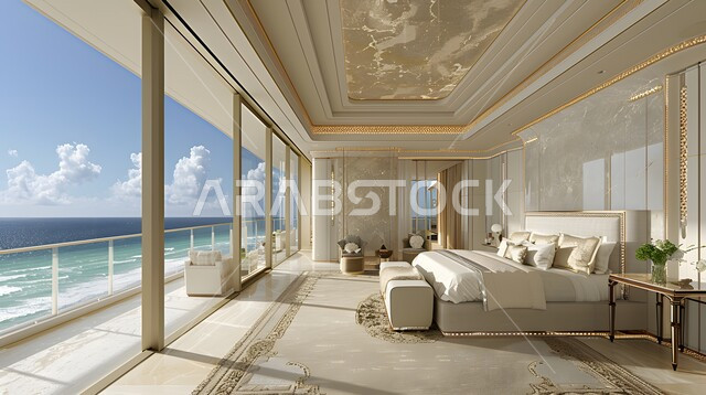 High-end interior home accessories, using elegant artistic style in home furniture, modern bedroom decorations, distinctive interior designs for villas and residential apartments in the Kingdom of Saudi Arabia, comfortable bed in calm colors