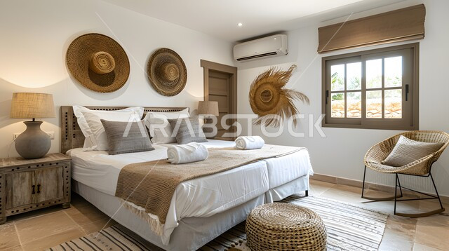 High-end interior home accessories, using elegant artistic style in home furniture, modern bedroom decorations, distinctive interior designs for villas and residential apartments in the Kingdom of Saudi Arabia, comfortable bed in calm colors