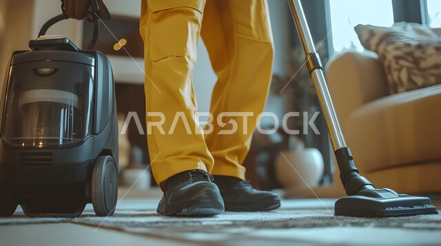 أدوات التنظيف الكهربائية, لقطة مقربة لعامل يرتدي زي العمل, القيام بتنظيف المنزل باستخدام مكنسة كهربائية, المهام والأعمال المنزلية الروتينية