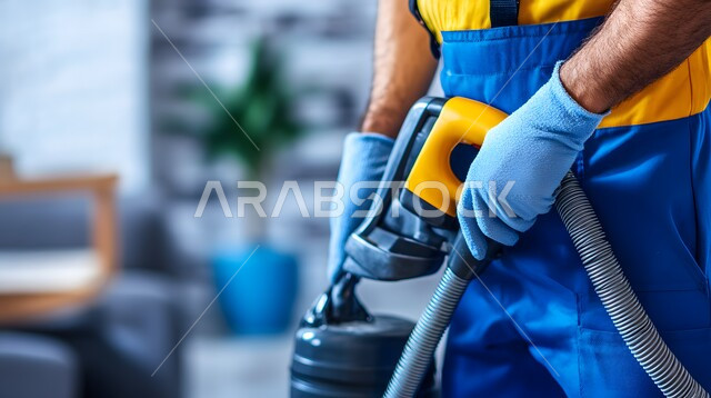 أدوات التنظيف الكهربائية, لقطة مقربة لعامل يرتدي زي العمل, القيام بتنظيف المنزل باستخدام مكنسة كهربائية, المهام والأعمال المنزلية الروتينية