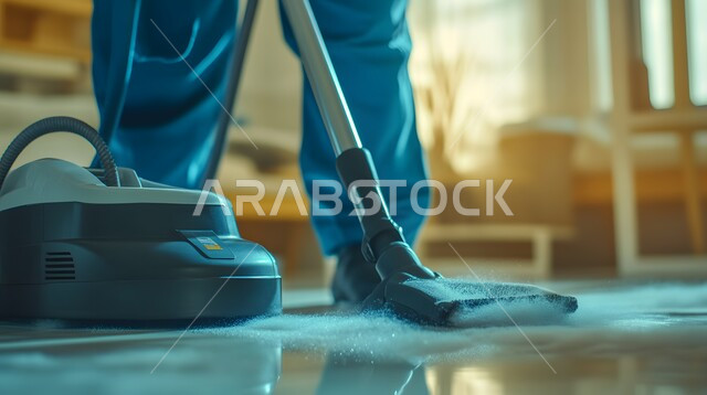 أدوات التنظيف الكهربائية, لقطة مقربة لعامل يرتدي زي العمل, القيام بتنظيف المنزل باستخدام مكنسة كهربائية, المهام والأعمال المنزلية الروتينية