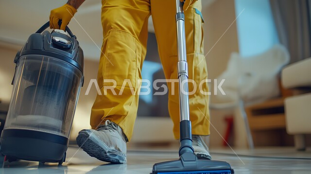 أدوات التنظيف الكهربائية, لقطة مقربة لعامل يرتدي زي العمل, القيام بتنظيف المنزل باستخدام مكنسة كهربائية, المهام والأعمال المنزلية الروتينية